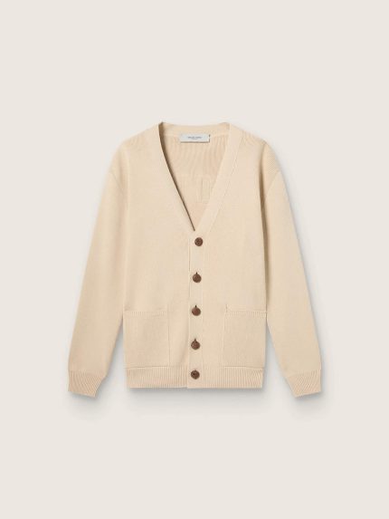 Men's beige cardigan with 'Golden' lettering on the back