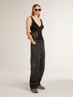 Women's distressed black cotton jeans with front patches - Image 3