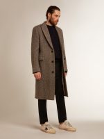 Men's single-breasted wool coat with beige and gray herringbone weave - Image 3
