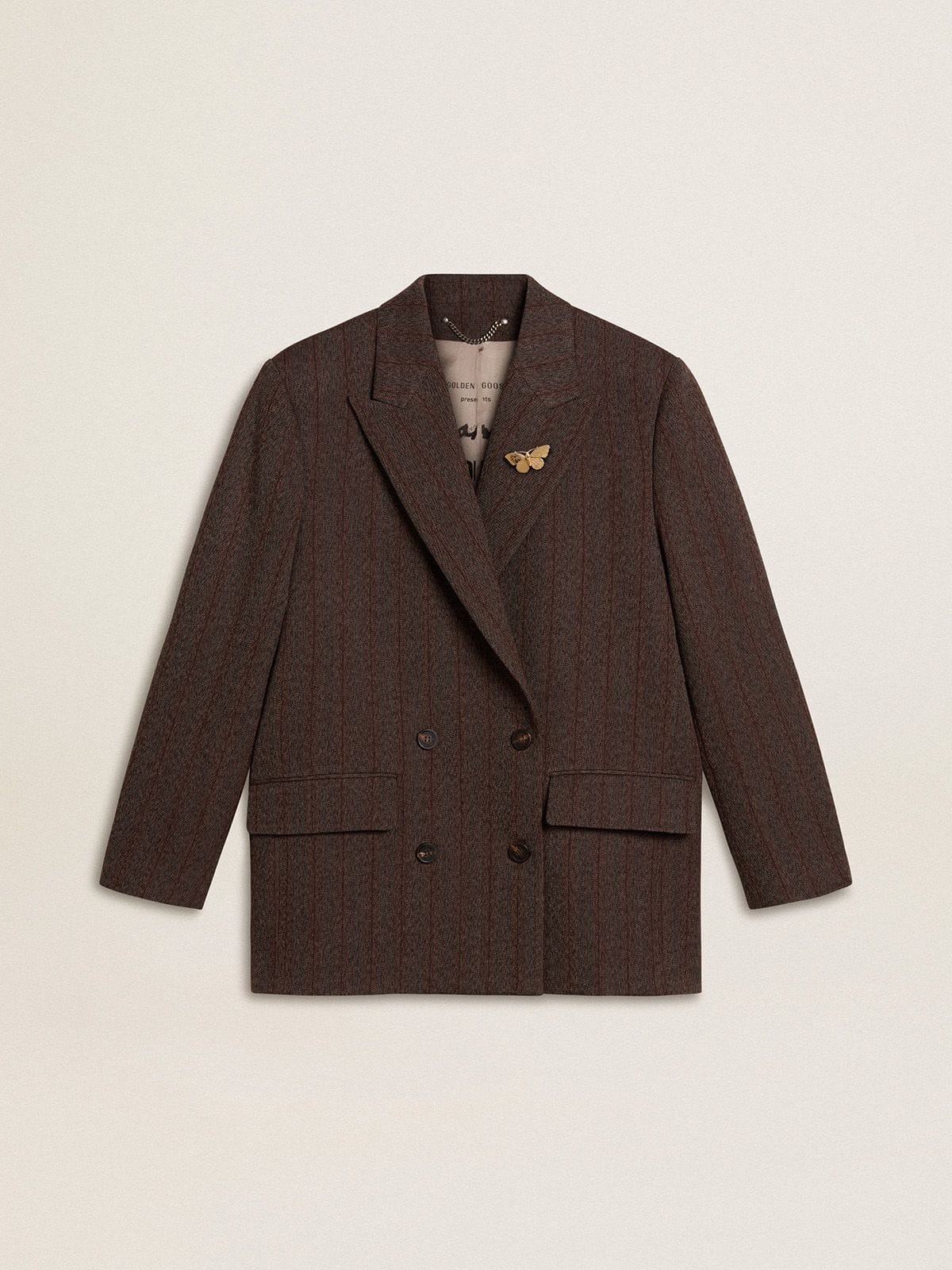 1c4cd17fbb502844689b791a661b592fdd8a54c1b0c587d6e444e45f0ce8caf3 Women's double-breasted blazer in dark brown wool with thin stripe pattern - Image 1