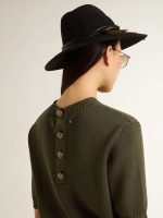 Women's short-sleeved sweater in military-green cotton - Image 5