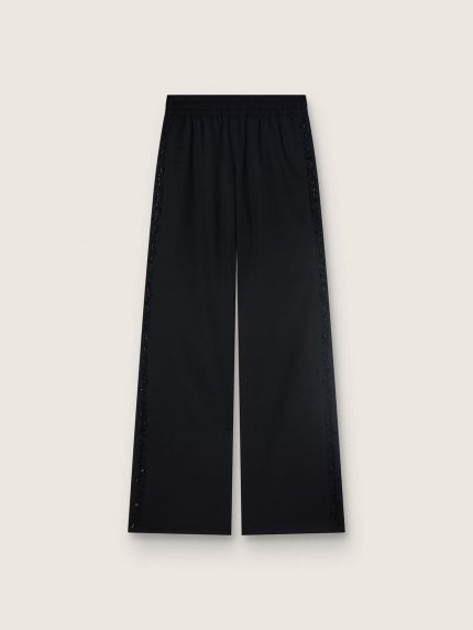 Women's sweatpants in black wool twill with sequin embroidery
