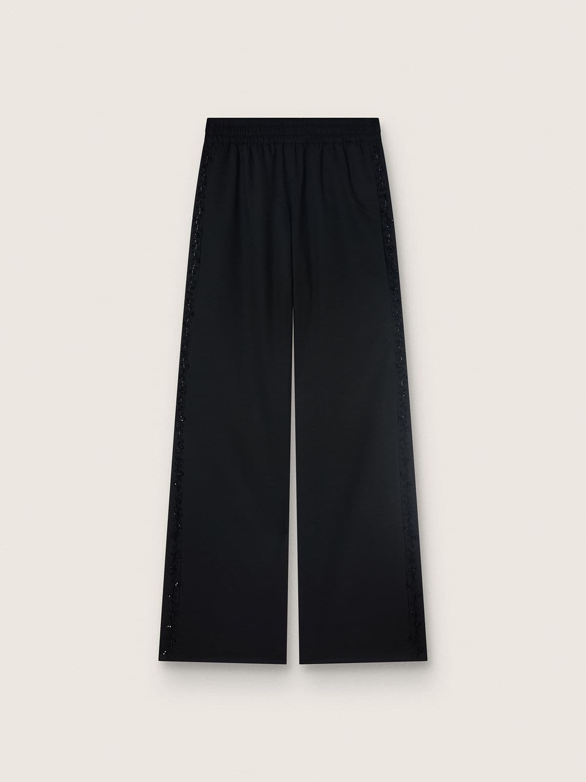 1e1257a174f34e53b3dfe0419aedfb50d4abea4227fe93eec0bd1b07afde6330 Women's sweatpants in black wool twill with sequin embroidery - Image 1