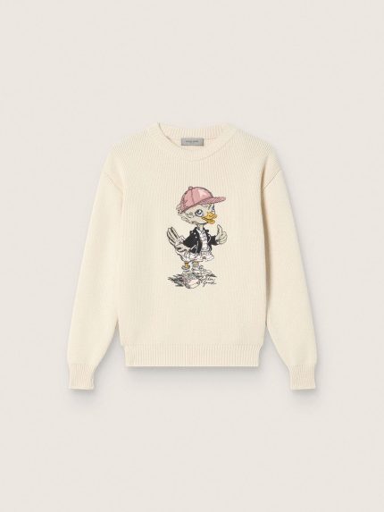 Golden girls' sweater in white cotton yarn with mascot embroidery