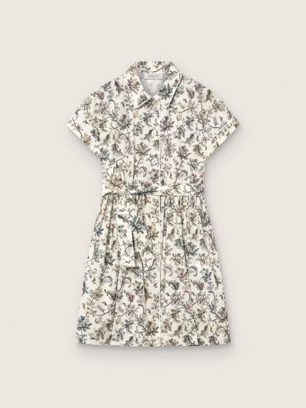 Journey girls' dress in white cotton canvas with green floral print