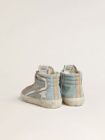 Men's Slide in light blue canvas with silver metallic leather flash - Image 4
