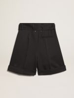 Women's shorts in dark blue wool gabardine with waist belt - Image 5