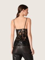 Women's top in black tulle with floral pattern in black sequins - Image 6