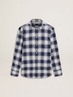 Boys' blue and white checked shirt with print on the back