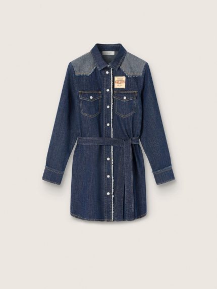 Girls' blue chambray shirt dress with reverse details and embroidered logo