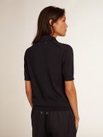 Women's polo shirt in navy-blue merino wool - Image 4