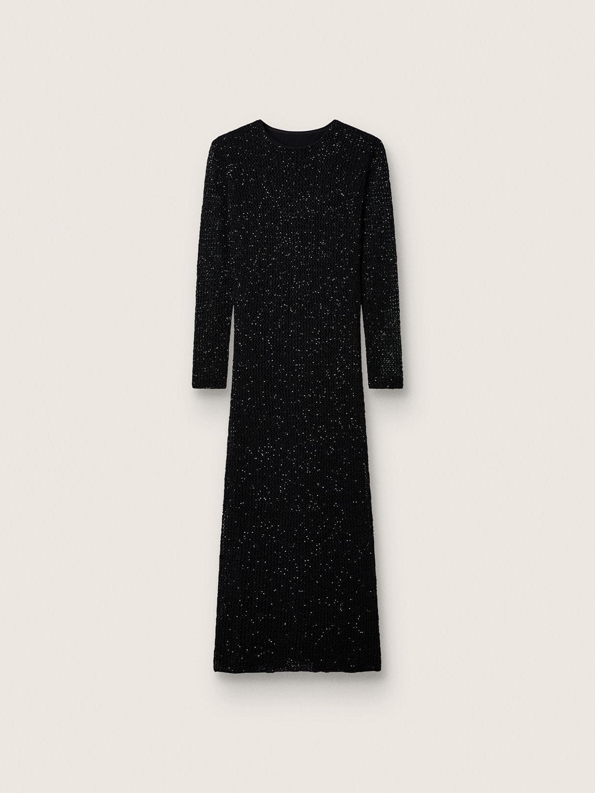 24d40e31795ca0e65ef61050c86afd47377abaa3d99721be62a71a693886e186 Women's long dress in black mesh with black sequins - Image 1