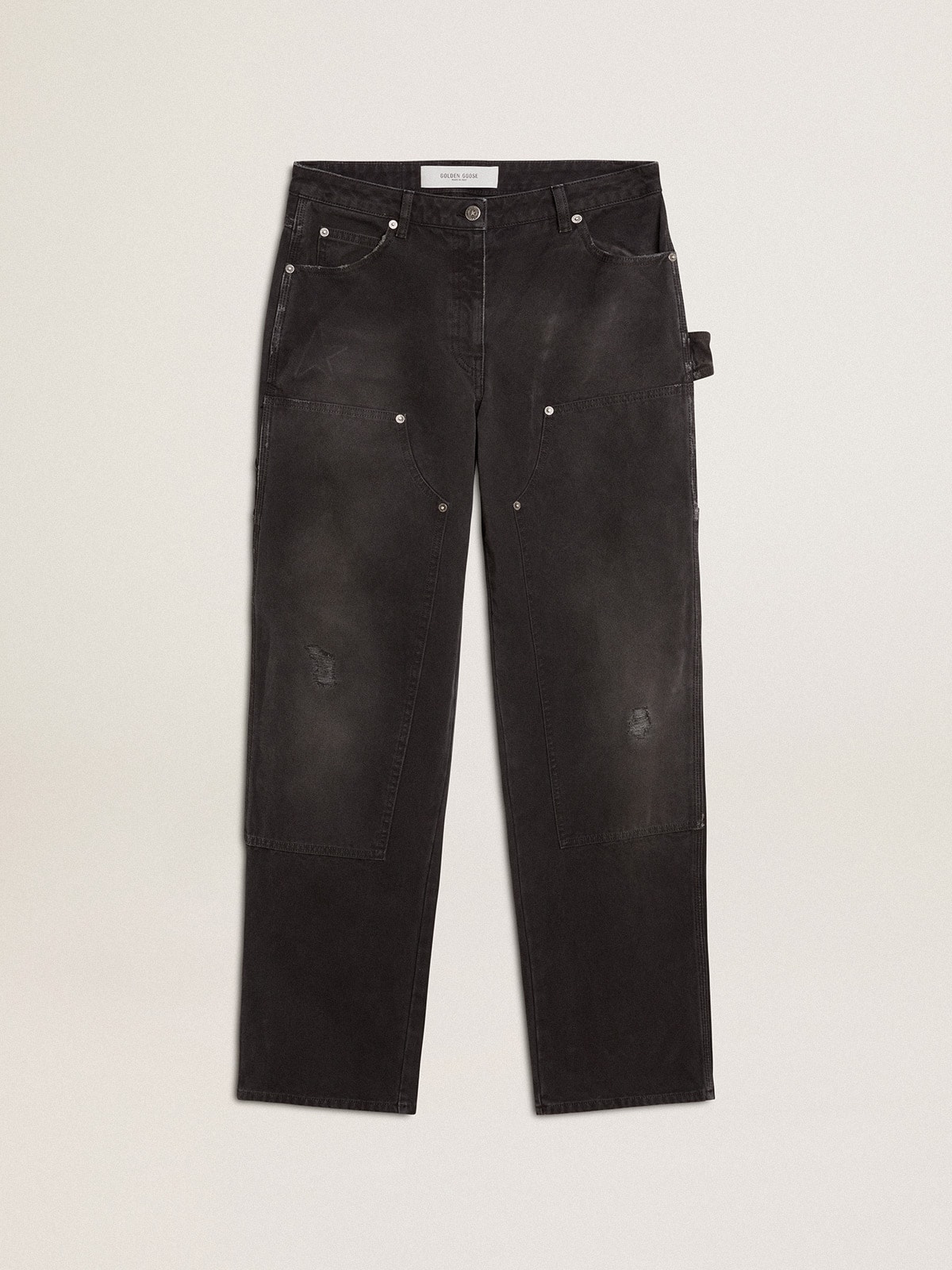 25a430fe3ee5c54d3124d84a46fc509ff69feede0e253fb6b5420d1ee05df325 Women's distressed black cotton jeans with front patches - Image 1