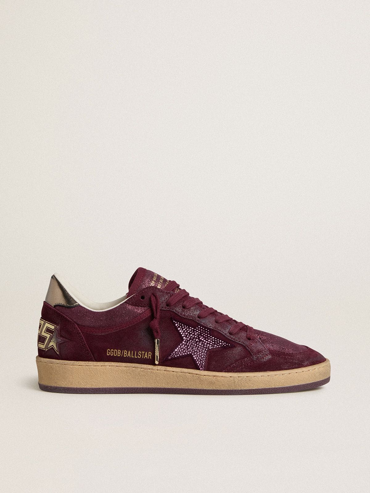 2634fb649737910db48518100bf0e1d3560773c8952e0a03c7ae4783f0db6b23 Women's Ball Star in burgundy suede with crystal star and metallic leather heel tab - Image 1