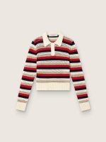 Women's cropped polo sweater in striped crochet cotton