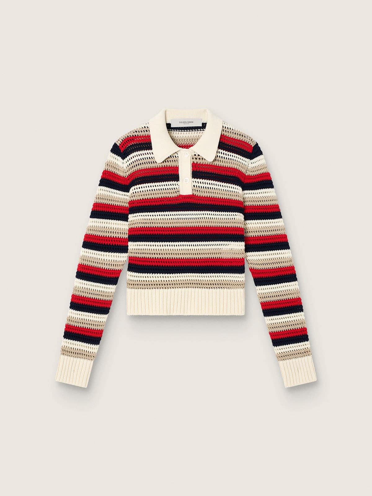 273e15ea3d2cb6b9cc299f9f514459aaf9ba073a5e67e45c29c7d5d3b86d89c8 Women's cropped polo sweater in striped crochet cotton - Image 1