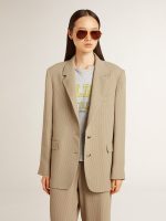 Women's beige pinstripe single-breasted jacket with an oversized fit - Image 2