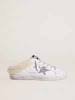 Super-Star Sabots in white leather with shearling lining and silver star