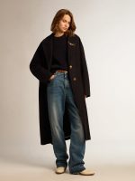 Women's round-neck sweater in dark blue cotton with logo on the back - Image 3