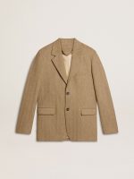 Men's single-breasted blazer in a sand-colored chevron linen blend.