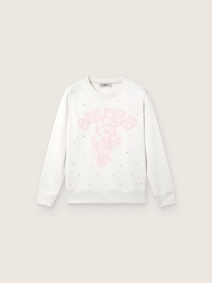 Journey white cotton crew-neck sweatshirt for girls with mascot print and crystal appliqu��s