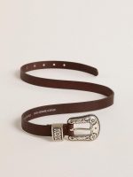 Women's dark brown leather belt with decorated silver buckle - Image 4