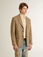 Men's single-breasted blazer in a sand-colored chevron linen blend. - Image 2