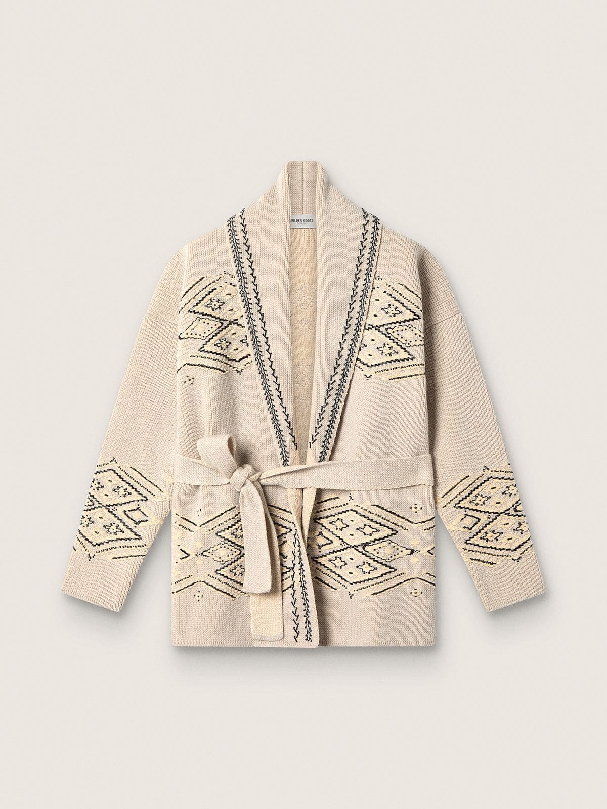 2c5345a3a9a4c467c52be58ad845b16ee6f1532aa8d6908985f9fdea95178ead Women's belted cardigan in beige wool blend with contrast embroidery - Image 1