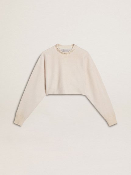 Women's cream cotton cropped sweatshirt with crystals on the front