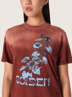 Women's T-shirt in rust-colored cotton jersey with floral print - Image 4