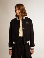 Women's bomber jacket in dark blue wool with white details - Image 5