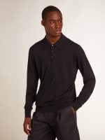 Men's long-sleeved polo shirt in navy-blue merino wool - Image 5