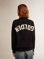 Women's round-neck sweater in dark blue cotton with logo on the back - Image 4