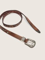 Lace belt in tan washed leather with studs and metal inlays - Image 4