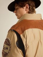 Beige bomber jacket with leather and patch details - Image 6