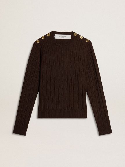 Women's crew-neck sweater in wool blend with gold buttons