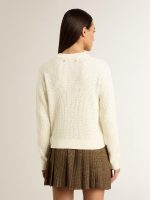 Women's crew-neck sweater in white merino wool with all-over crystals - Image 4