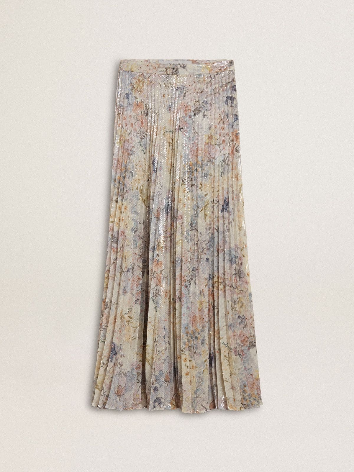 33ff502c9f30df10a7f6eda2c6caa4426f599c8da524e77d044a7f3befd429b4 Women's long pleated skirt with multicolor floral sequin print - Image 1