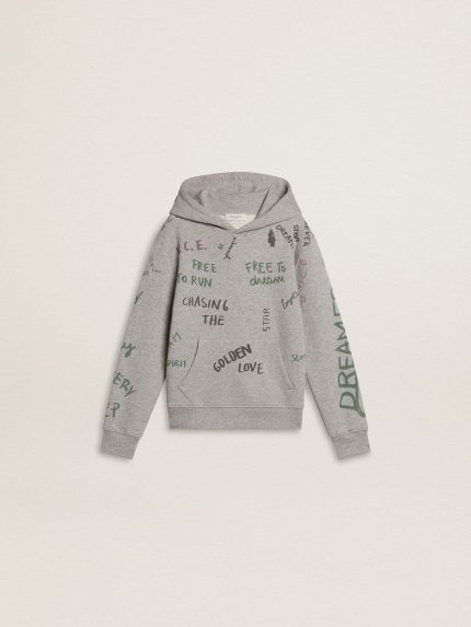 Kids' gray sweatshirt with multicolor printed lettering