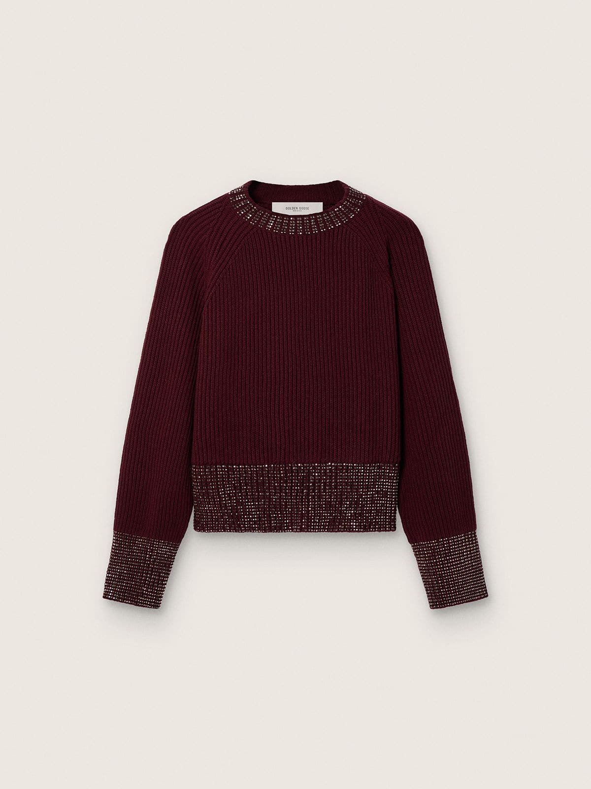359566825e7cd4cb49d83f70a70ee26d8bbb7bd3806b76789d334fa79c82bb66 Women's crew-neck sweater in burgundy wool with rhinestone embroidery - Image 1