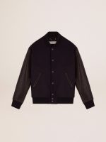 Men's bomber jacket in dark blue wool with leather sleeves