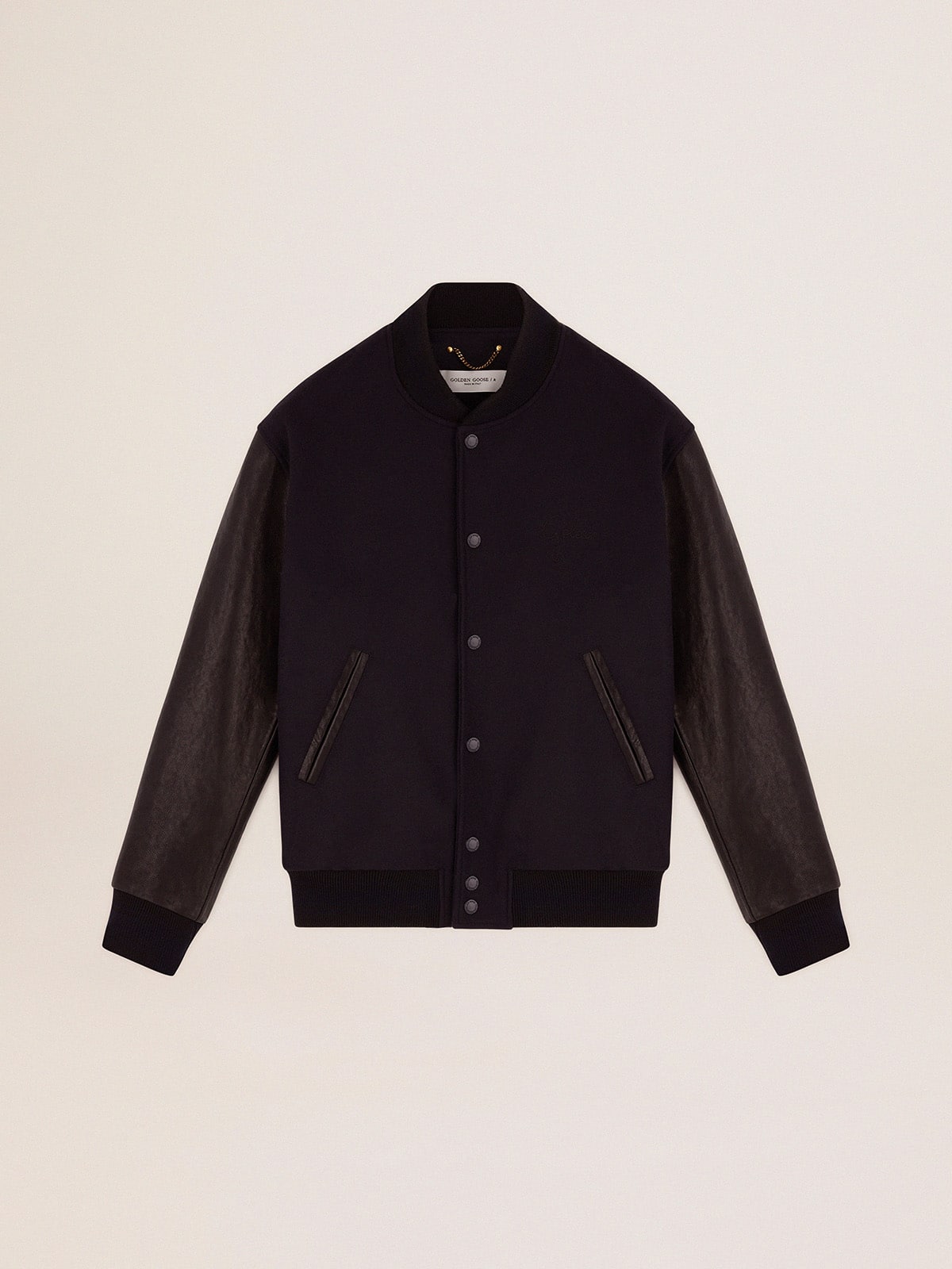 36adfe4afa47748992ddc71b52e82f8c79aa2c6e0a48b98e7a0b4d2cdd9a2682 Men's bomber jacket in dark blue wool with leather sleeves - Image 1