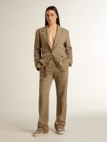 Women's trousers in a sand-colored herringbone linen blend - Image 3