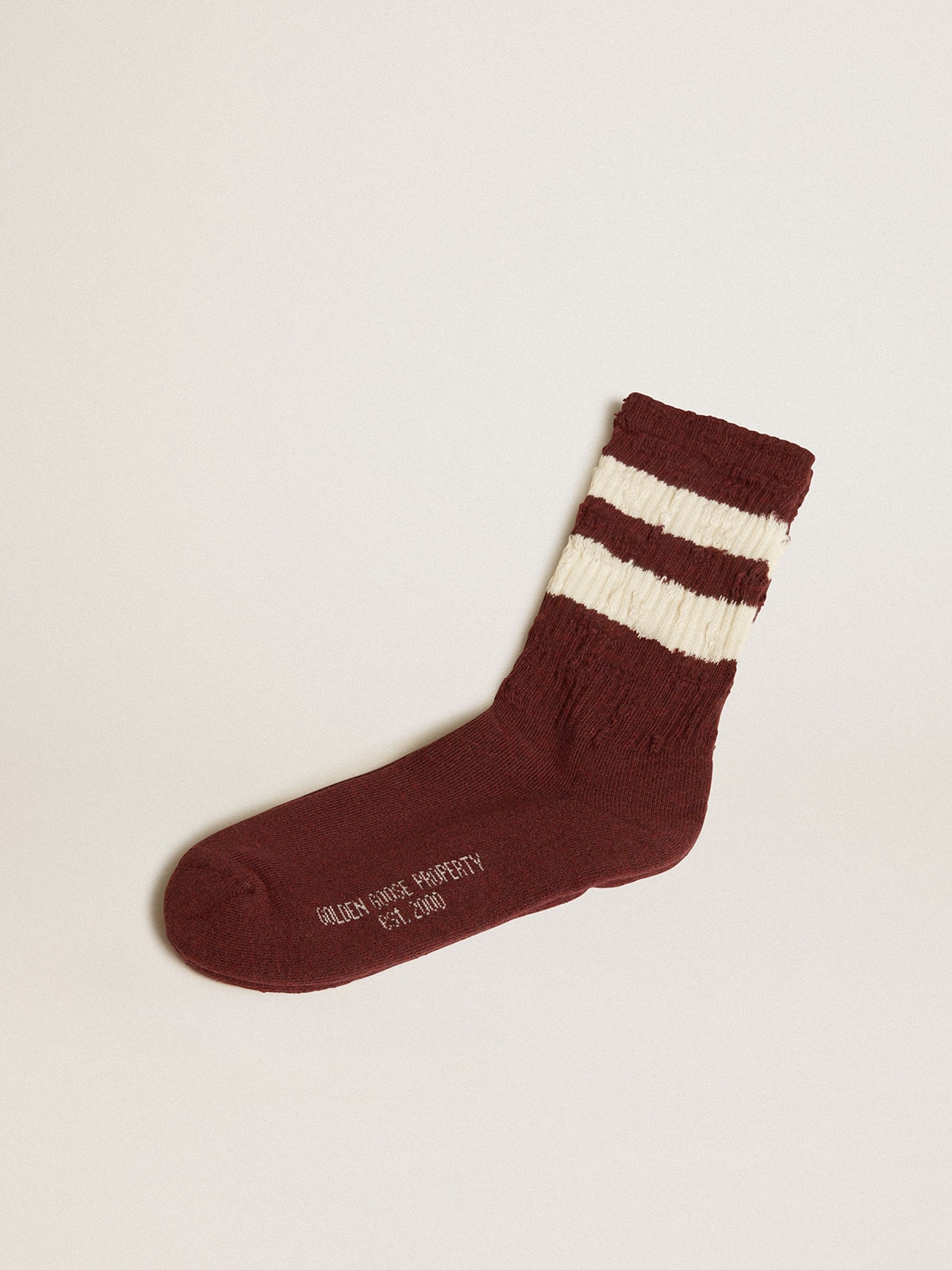 398a51da94f807c49fd5f8808012f422fa7148644820f46460d9a71cb55661de Purple socks with distressed details and worn-white stripes - Image 1