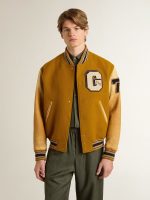 Ochre yellow wool bomber jacket with leather sleeves - Image 2