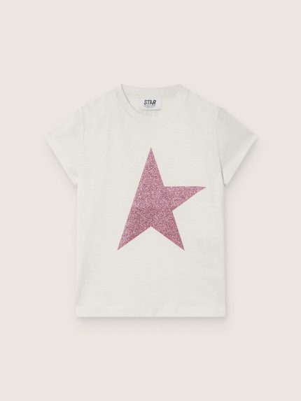 Star girls' T-shirt in white cotton jersey with pink glitter star