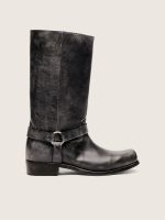 Men's high Biker boots in black leather with strap and silver-colored buckle