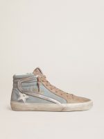 Men's Slide in light blue canvas with silver metallic leather flash