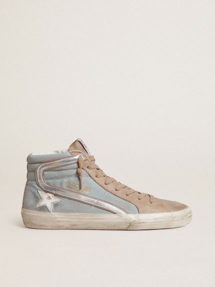 Men's Slide in light blue canvas with silver metallic leather flash