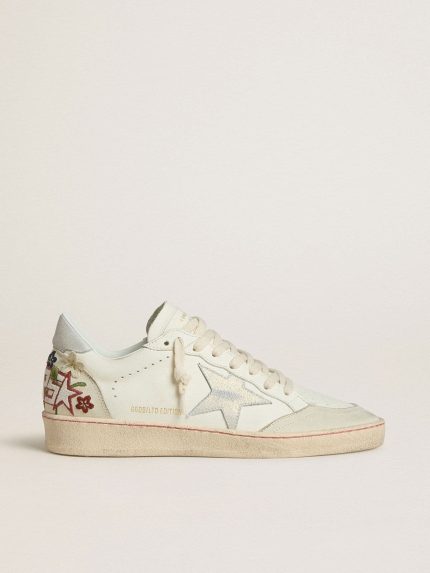 Women's Ball Star in leather with platinum suede star and multicolor floral embroidery